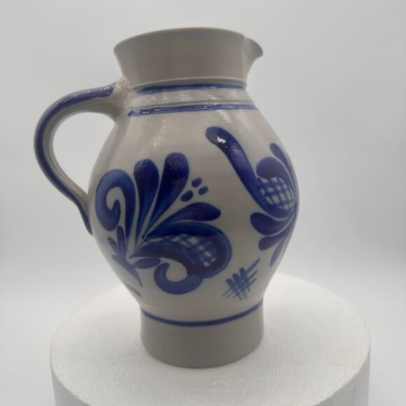 Vtg Handarbeit Salt Glaze German Water Jug Pitcher Art Pottery Gray Blue Cottage - Picture 1 of 13